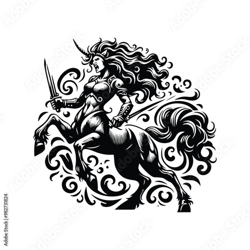 Centaur female warrior with victorian flourish in black and white illustrations, cutout graphic black and white illustration