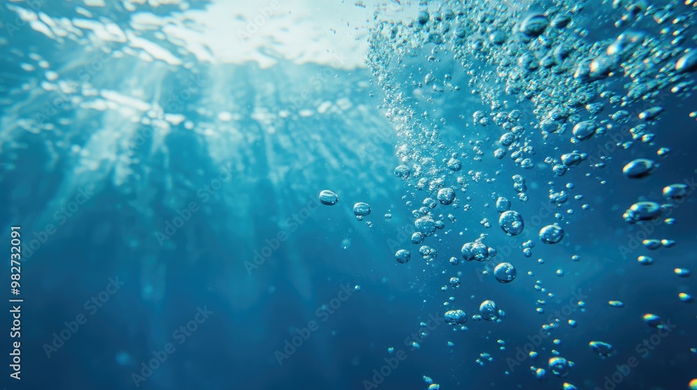 Bubbles of oxygen rising underwater in clear blue water with sparkling light reflections, creating a tranquil scene Bubbles of oxygen rising underwater in clear blue water with sparkling light reflections, creating a tranquil scene