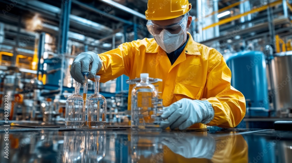 Engineer conducting crude oil sample testing in refinery lab wearing protective clothing Engineer conducting crude oil sample testing in refinery lab wearing protective clothing