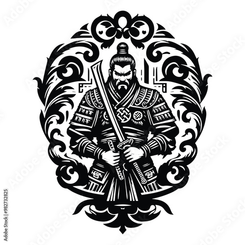 chinese warior male with victorian flourish decoration in black and white illustrations, cutout graphic g