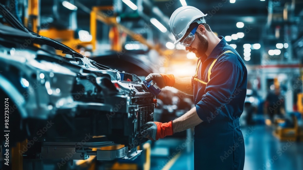 Engineer worker in automotive factory car manufacturing process, assembly line production Engineer worker in automotive factory car manufacturing process, assembly line production