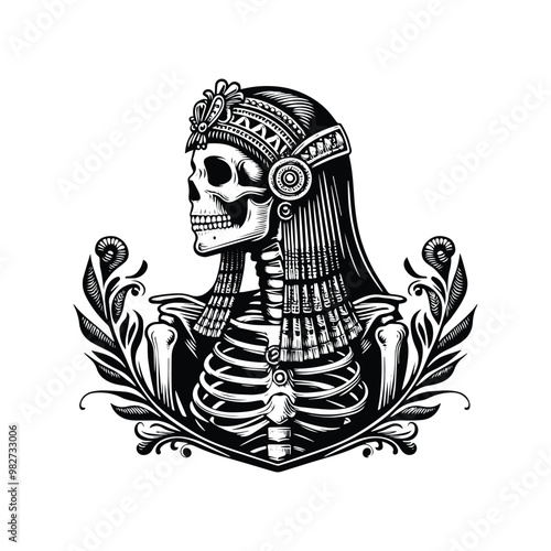 cleopatra skeleton with victorian flourish decoration in black and white illustrations, cutout graphic