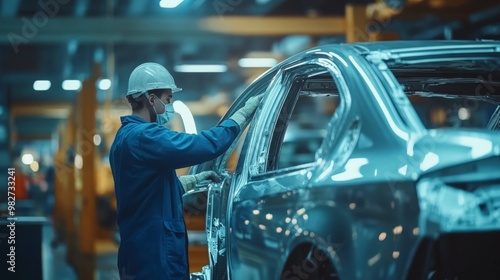 Engineer worker in automotive factory car manufacturing process, assembly line production photo