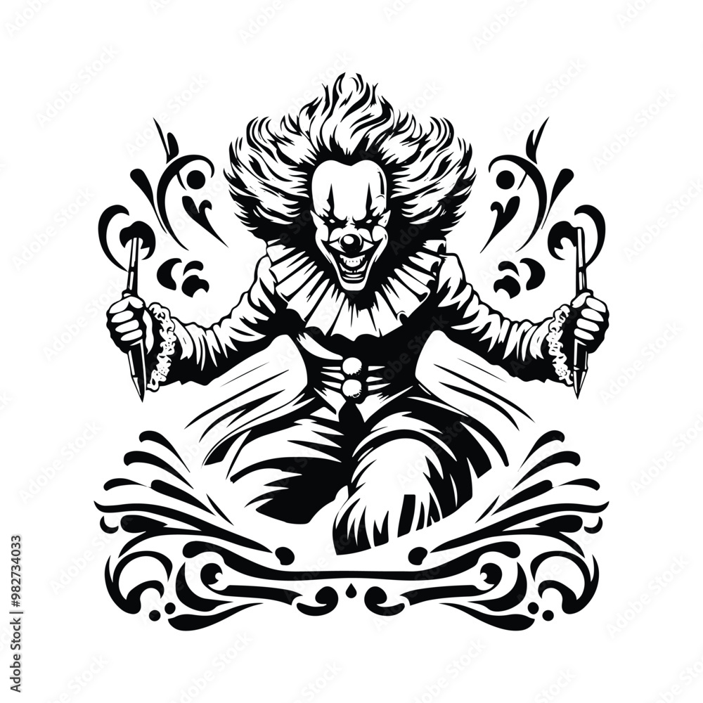 crazy clown female with victorian flourish decoration in black and white illustrations, cutout graphic crazy clown female with victorian flourish decoration in black and white illustrations, cutout graphic