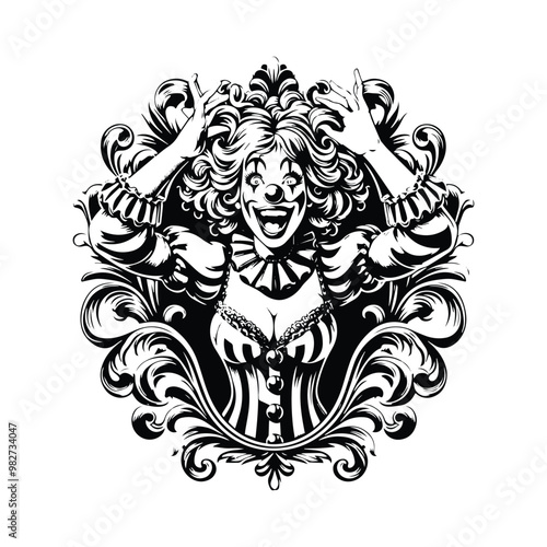 crazy clown female inside victorian flourish, in black and white illustrations, cutout graphic