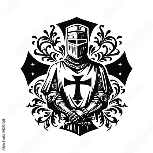 Crusader Templars Knights male with victorian flourish decoration in black and white illustrations, cutout graphic black and white illustration