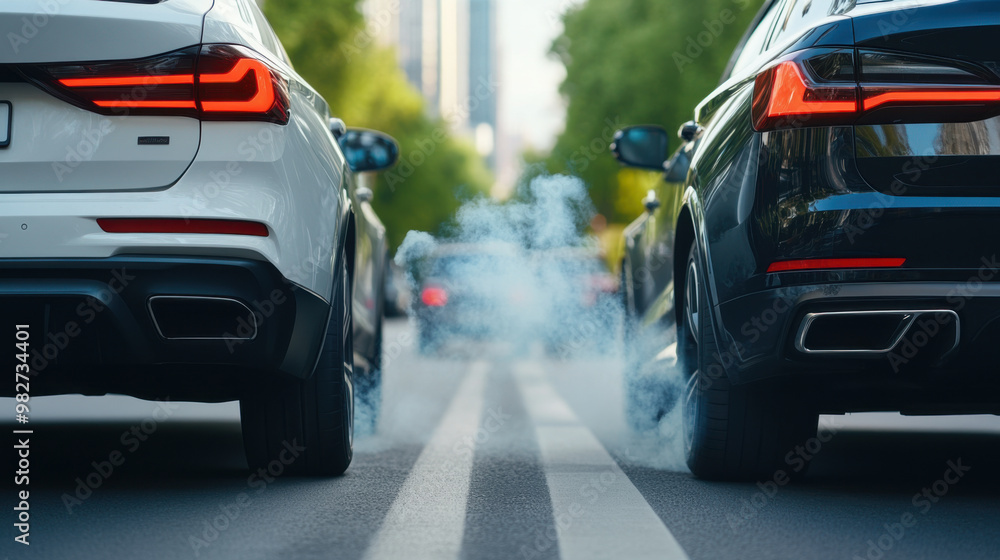 Rear view of two sports cars burning rubber as they speed down a city street, emphasizing power and speed. Rear view of two sports cars burning rubber as they speed down a city street, emphasizing power and speed.