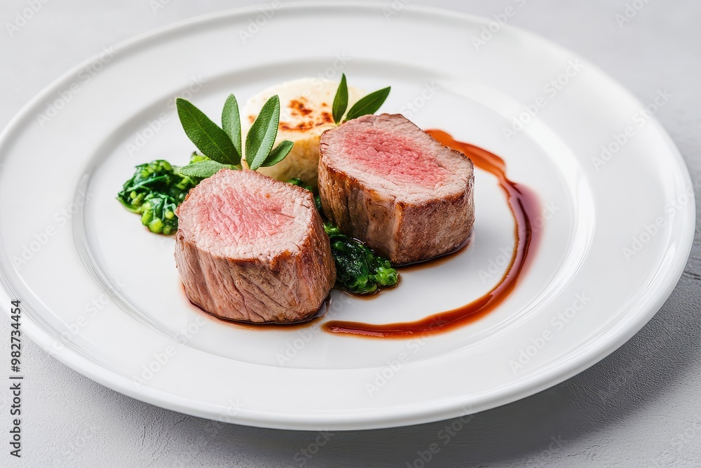 Tender beef fillet served with vibrant greens and a flavorful sauce, showcasing gourmet culinary art on a stylish plate. Tender beef fillet served with vibrant greens and a flavorful sauce, showcasing gourmet culinary art on a stylish plate.