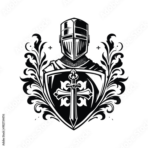 Crusader Templars Knights male with victorian flourish decoration in black and white illustrations, cutout graphic black and white illustration