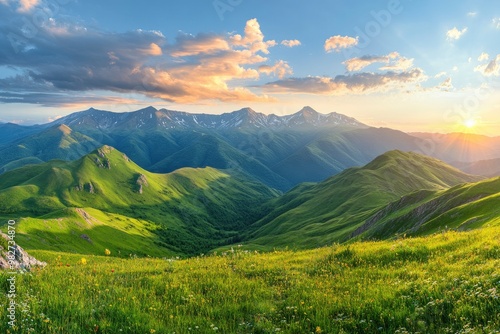 Panoramic view of the green mountains and hills at sunset. Gumbashi Pass in North Caucasus, Russia. Beautiful summer landscape , ai photo