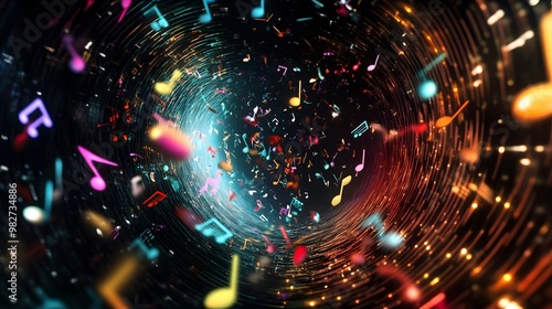 A swirling vortex of 3D musical notes and colorful soundbars in a dark space photo