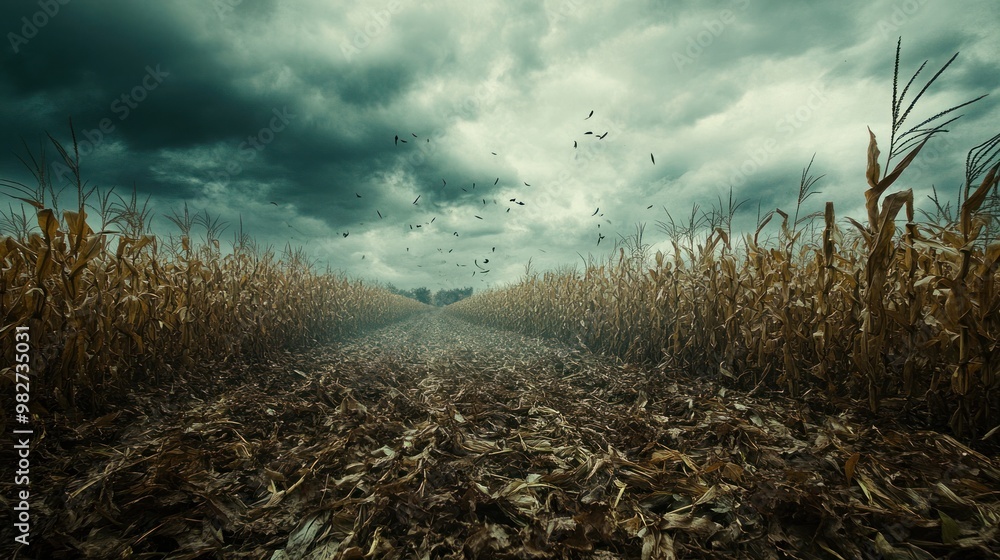 Fototapeta premium The wind blowing through a desolate cornfield, creating a suspenseful atmosphere as dry leaves rustle and a foreboding presence seems to linger in the air.