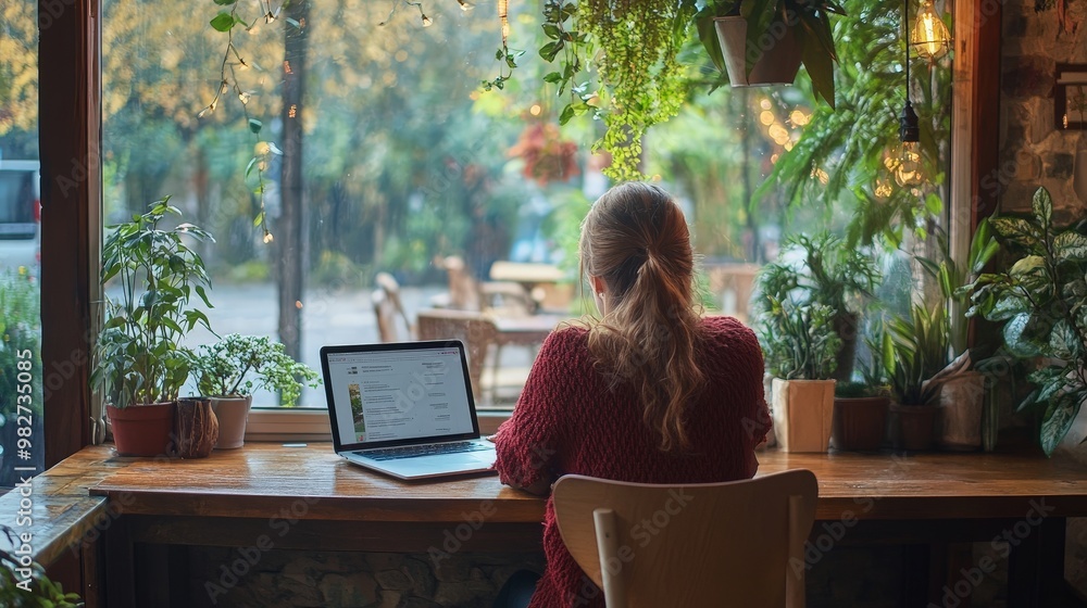 Create an image of a digital nomad working in a charming countryside with a laptop on a wooden table and a picturesque rural landscape visible through the windows. Create an image of a digital nomad working in a charming countryside with a laptop on a wooden table and a picturesque rural landscape visible through the windows.