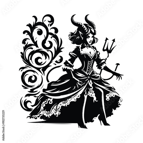 Devil female with victorian flourish decoration in black and white illustrations, cutout graphic