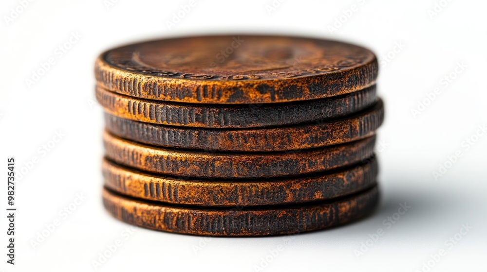 A stack of aged coins showcasing their texture and wear. A stack of aged coins showcasing their texture and wear.