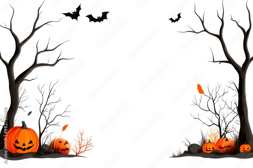 Halloween scene with pumpkins, bats, and leafless trees on a white isolated background. Halloween scene with pumpkins, bats, and leafless trees on a white isolated background.