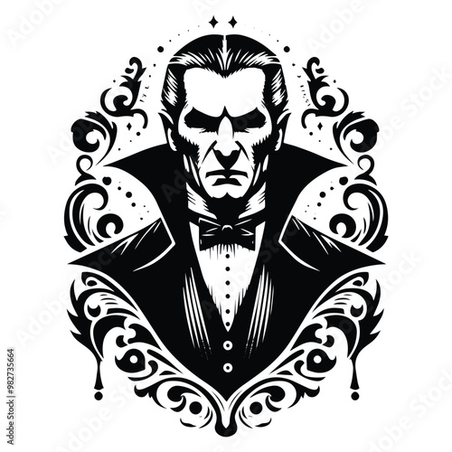 dracula with victorian flourish decoration in black and white illustrations, cutout graphic