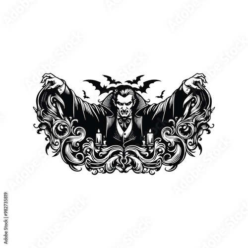 dracula with victorian flourish, in black and white illustrations, cutout graphic