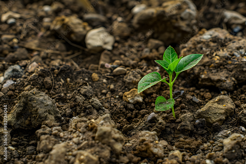 Young plant springing up out of the soil. The plant is small and has a lot of leaves. food security banner Young plant springing up out of the soil. The plant is small and has a lot of leaves. food security banner