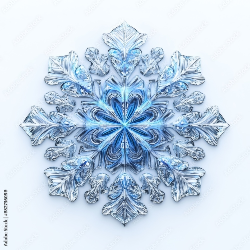 Detailed 3D-rendered snowflake with a frosty texture, featuring intricate geometric patterns and a bright blue glow, on a white background Detailed 3D-rendered snowflake with a frosty texture, featuring intricate geometric patterns and a bright blue glow, on a white background