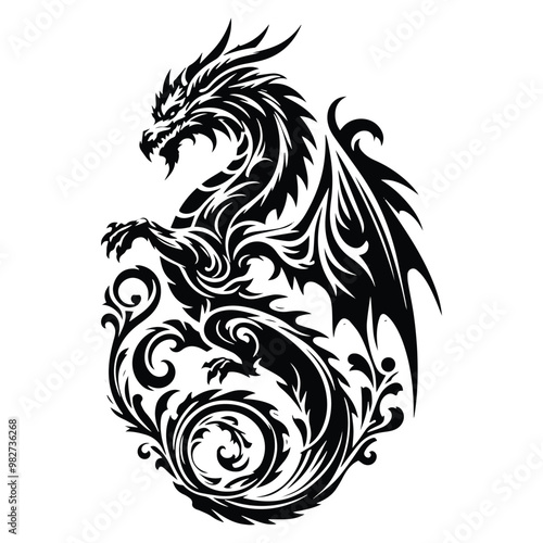 dragon with victorian flourish decoration in black and white illustrations, cutout graphic