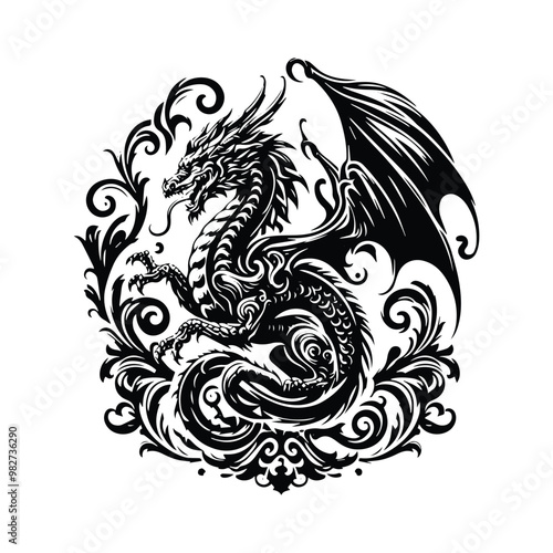 dragon with victorian flourish, in black and white illustrations, cutout graphic