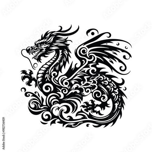 dragon with victorian flourish decoration in black and white illustrations, cutout graphic