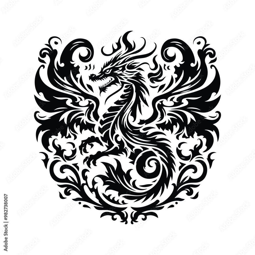 fire dragon with victorian flourish, in black and white illustrations, cutout graphic fire dragon with victorian flourish, in black and white illustrations, cutout graphic