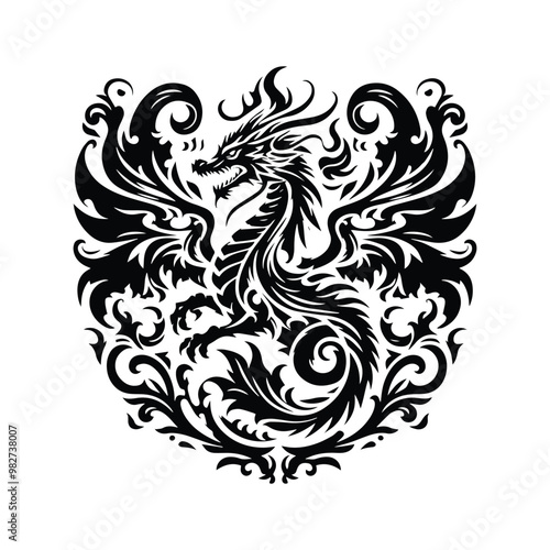 fire dragon with victorian flourish, in black and white illustrations, cutout graphic