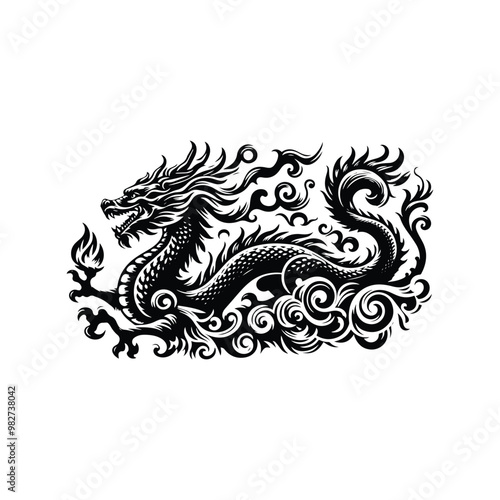 fire dragon with victorian flourish decoration in black and white illustrations, cutout graphic