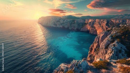 Magnificent cliffs overlooking a turquoise blue ocean, with a stunning sunset casting warm hues across the sky.