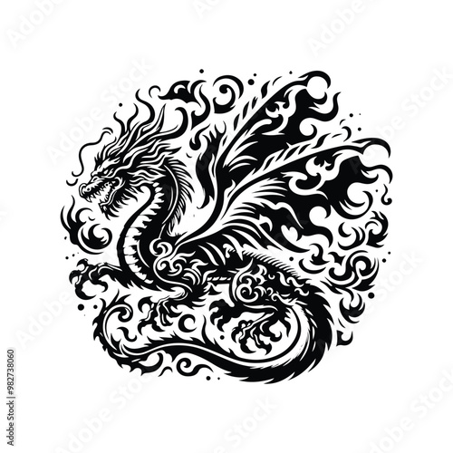 fire dragon with victorian flourish decoration in black and white illustrations, cutout graphic