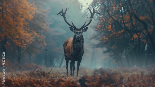 Majestic stag in a misty autumn forest clearing.