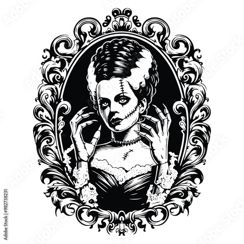 frankenstain female inside victorian flourish, in black and white illustrations, cutout graphic photo