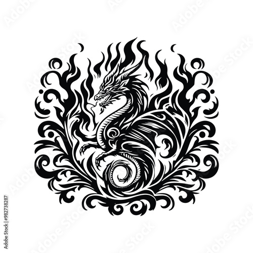 fire dragon with victorian flourish, in black and white illustrations, cutout graphic