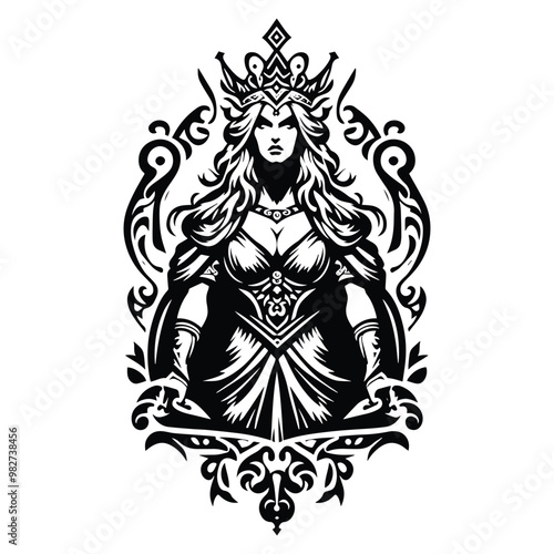 Freya goddess with victorian flourish decoration in black and white illustrations, cutout graphic