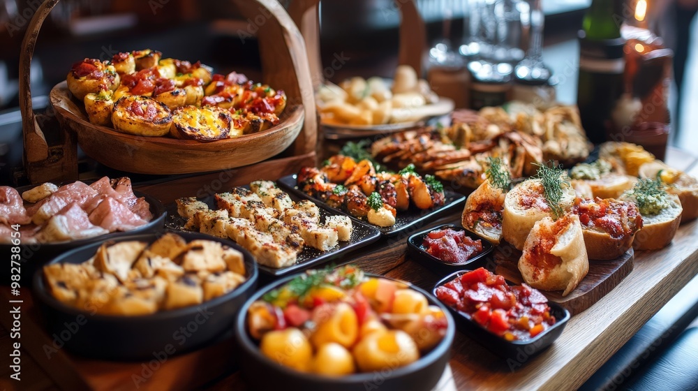 Experience the vibrant energy of a tapas bar, where small plates of Spanish delicacies are shared among friends, accompanied by lively conversation and sangria. Experience the vibrant energy of a tapas bar, where small plates of Spanish delicacies are shared among friends, accompanied by lively conversation and sangria.
