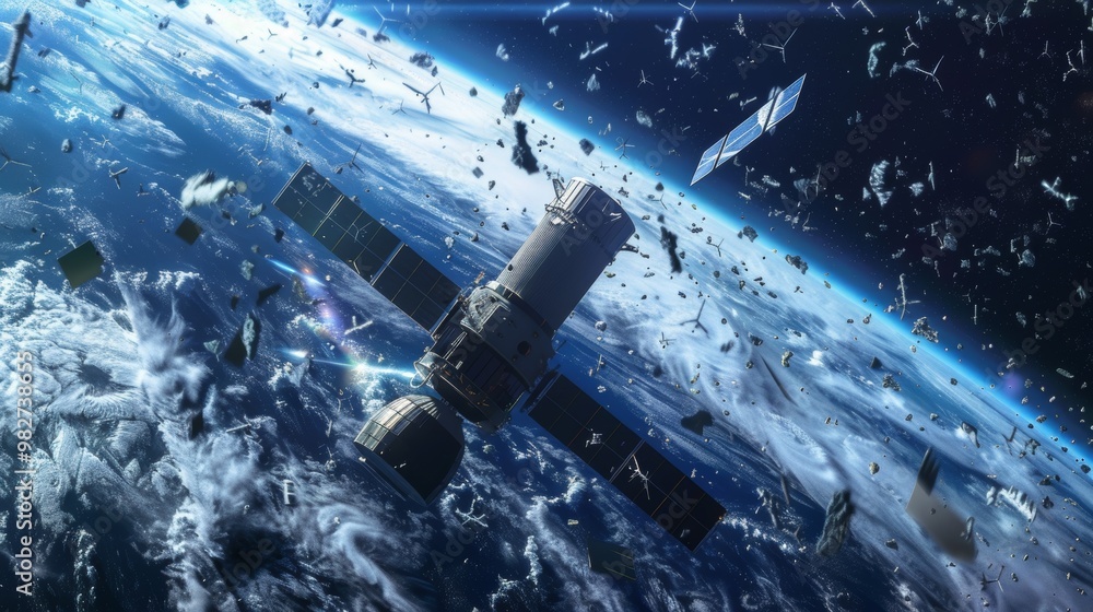 Fototapeta premium Damaged Satellite Drifting in Chaotic Orbit Against Dramatic Backdrop of Planet Earth