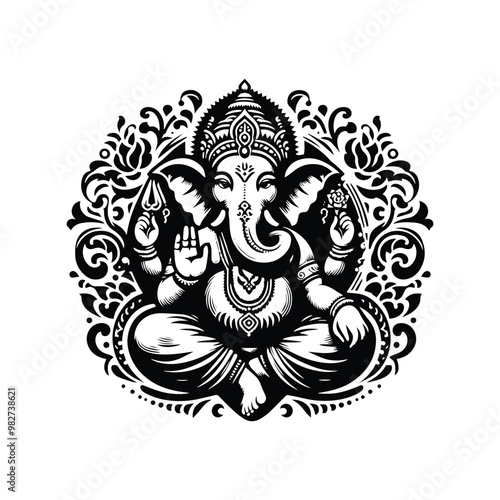 Ganesha hindu god with victorian flourish decoration in black and white illustrations, cutout graphic