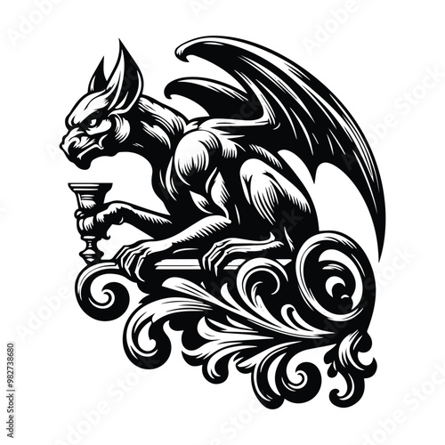 gargoyle creature with victorian flourish decoration in black and white illustrations, cutout graphic black and white illustration