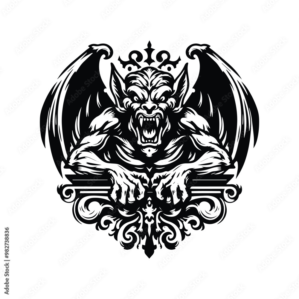 Obraz premium gargoyle creature with victorian flourish in black and white illustrations, cutout graphic black and white illustration