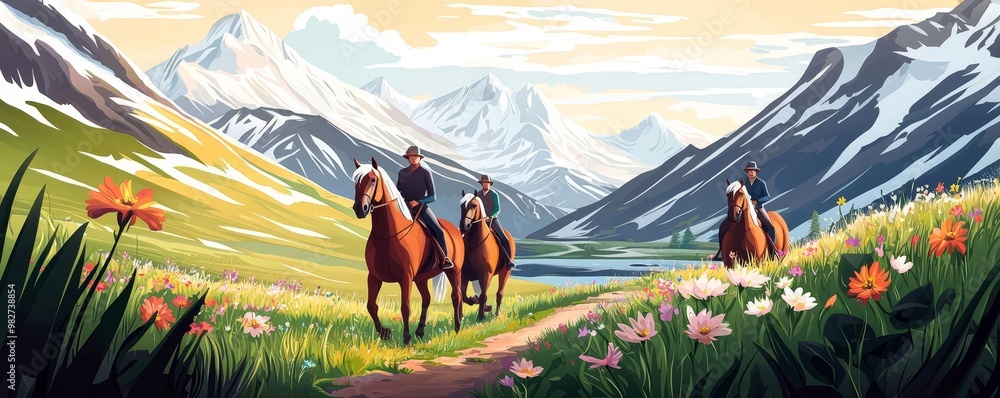 Obraz premium Friends riding horses through a mountain valley, wildflowers blooming along the trail, watercolor style