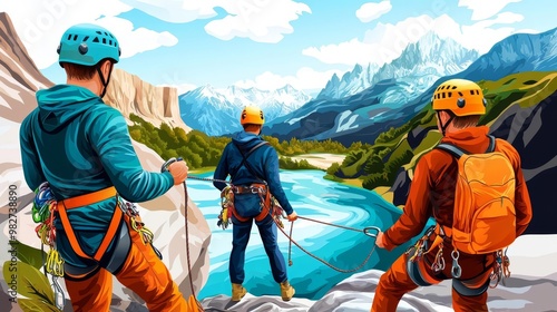 Wallpaper Mural Friends preparing to rappel down a canyon in the mountains, adventure gear and excitement, watercolor style Torontodigital.ca