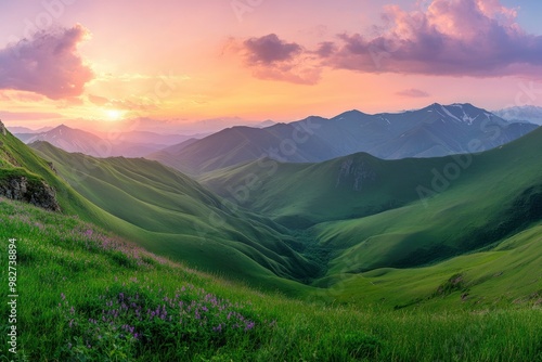 Panoramic view of the green mountains and hills at sunset. Gumbashi Pass in North Caucasus, Russia. Beautiful summer landscape , ai photo