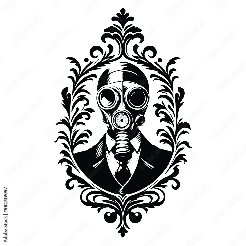 gasmask male with victorian flourish decoration in black and white illustrations, cutout graphic gasmask male with victorian flourish decoration in black and white illustrations, cutout graphic