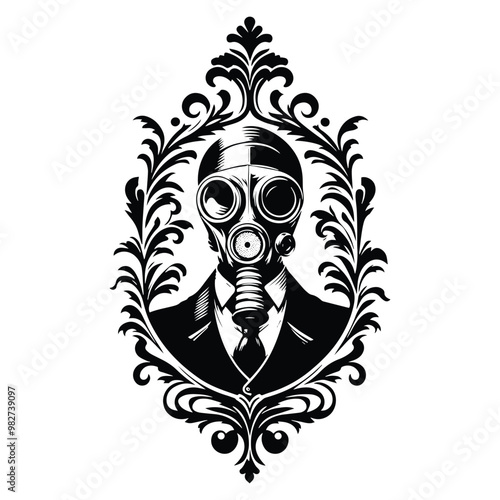 gasmask male with victorian flourish decoration in black and white illustrations, cutout graphic