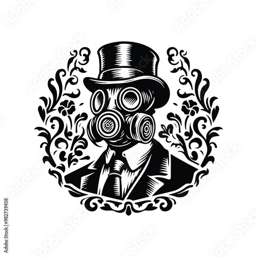gasmask male with victorian flourish decoration in black and white illustrations, cutout graphic