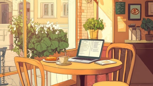 Illustrate a digital nomad set up in a charming European with a laptop and notebooks spread out on a small table, enjoying a pastry and coffee.