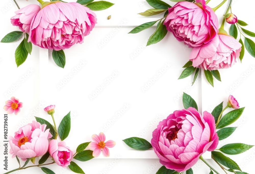 Pink Peonies and Green Leaves Bordering a White Background Pink Peonies and Green Leaves Bordering a White Background