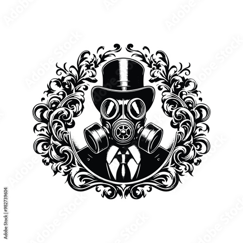 gasmask male with victorian flourish decoration in black and white illustrations, cutout graphic